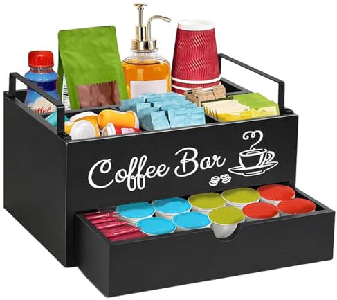 Smileshiney Coffee Organizer Station | Coffee Caddy for Countertop | Wood Coffee Pods Holder Storage Basket, Coffee and Tea Condiment Storage Organizer for Home