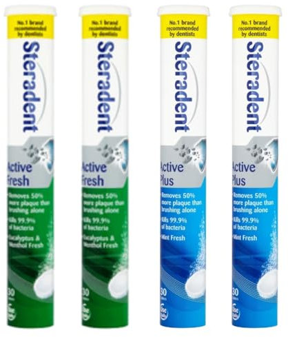 Steradant Oral Hygiene | Cleaning and Whitening Toothpaste Denture Tablets for Adults | Active Menthol Fresh & Active Mint Plus