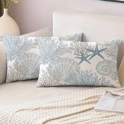Miuyunya Lot de 2 Housses de Coussin D'extérieur 30 x 50 cm Imperméable Housse Coussin Été Exterieur Coquillage D'étoile de Mer Corail Taie d'oreiller Concise Décoration pour Salon Chambre Canapé