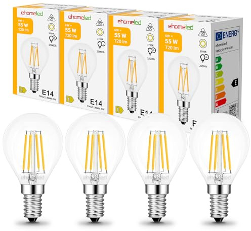 E14 LED G45 Mini Glühbirne 6W ersetzt 55W Glühlampe, Warmweiß 2700K 4 Stück | 720LM E14 LED Warmweiss G45/P45, Nicht Dimmbar, Klares Glas & Retro-Filament Vintage LED Lampe für Kronleuchter & Tischlampe