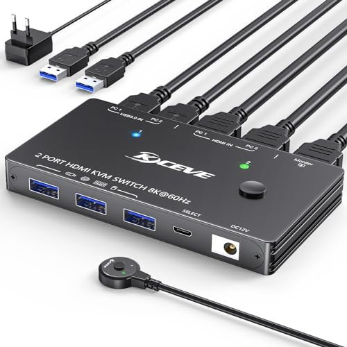 Camgeet Switch KVM HDMI 2 PC 1 Monitor 4K @144Hz 8K@60Hz, 2x1 KVM Switch HDMI 2 porte per 2 computer Share 1 monitor e 3 dispositivi USB 3.0, con cavo USB 3.0 e adattatore di alimentazione