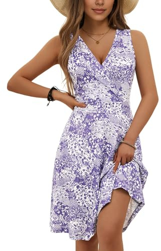 LIAMERHE Vestido Sin Mangas Mujer Casual Verano Vestidos Cuello en V Elegante Vestido Largo hasta la Rodilla Flores-2 L