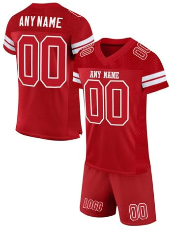 Customized American Football Jerseys Personalized Rugby Uniforms for Men Women Youth Preschool Printed Team Logo Name Number Quick Dry Breathable Jerseys with Shorts Red