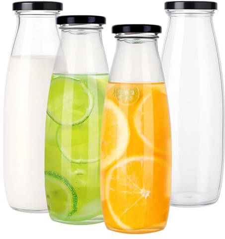 saerryor 4 Pcs 500ml Glass Bottles with Lids, Reusable Glass Milk Bottles | Juice Bottle, Smoothie Bottle, Beverage Container, Leak Resistant, Reusable, Easy Filling, Wide Mouth Opening, Vintage Style