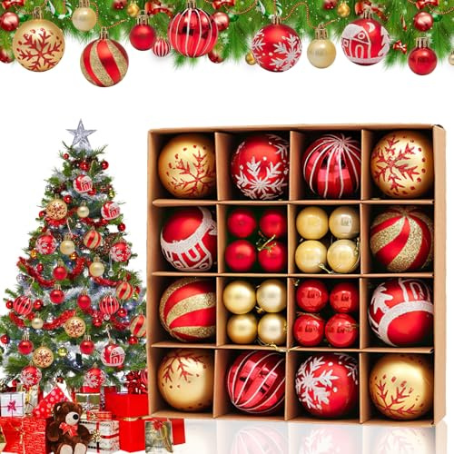 WAIZHIUA Lot de 44 boules de Noël - 6 cm et 3 cm - Décoration de sapin de Noël - Avec paquet cadeau - Décoration de Noël - Thème rouge doré