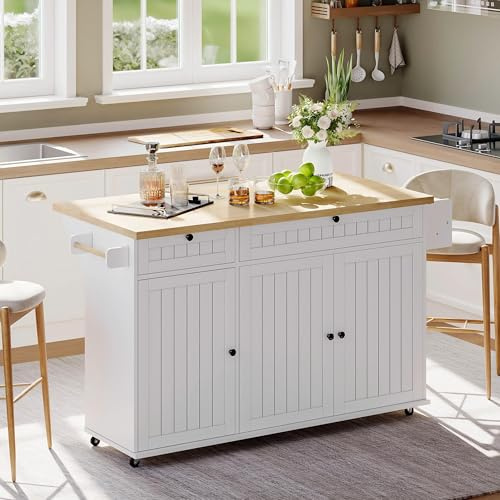Merax Isola da cucina con piano di lavoro pieghevole, armadio da cucina su 6 ruote bloccabili, con 2 cassetti e 3 ante e porta porta e portasciugamani, per cucina e sala da pranzo, 137 x 89,5 x 45 cm