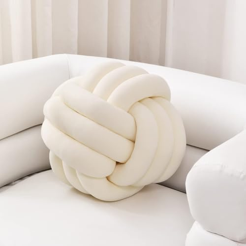 Coussin noué fait à la main en peluche avec nœud rond pour décoration de lit, chaise, 22 cm, blanc crème
