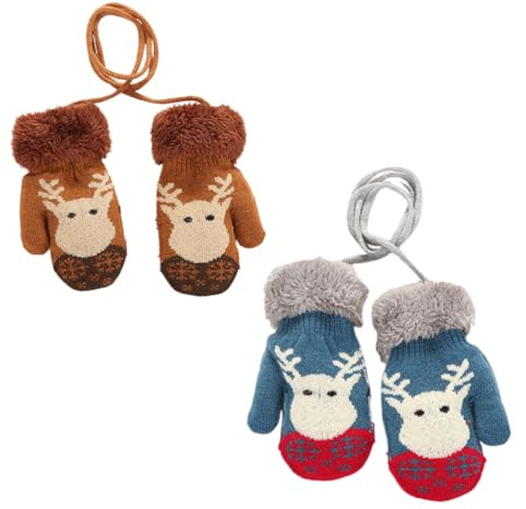 OIXYEY Manoplas Bebe Invierno 2 Pares, Guantes de Punto con Divertido Diseño de Alce y Cordón Antipérdida, Suaves con Forro Polar para Bebés Niños y Niñas de 1 a 3 Años, Ideales para Guardería, Paseos