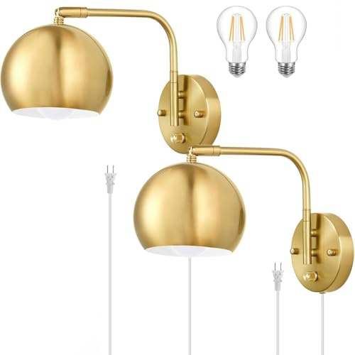 LOGT Gold Wandlampe Dimmbar mit Schalter Innen Wandleuchte mit Schalter und Stecker Drehbar Wandbeleuchtung Retro Industrial Verstellbare Wand Leselampe für Wohnzimmer, Schlafzimmer, Büro,2 stück