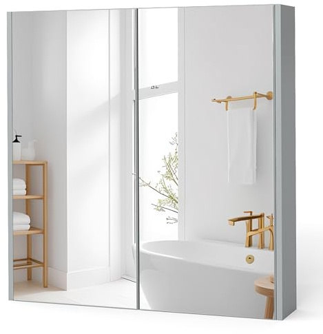 COSTWAY Bathroom Mirror Cabinet, Wall Mounted Storage Cupboard with Shelf, Home Kitchen Living Room Display Organiser Unit (Double Door, Grey)
