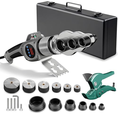 Soudeuse à Douilles, 1500W Soudeuse Plastique pour Tubes PPR Ø 20/25/32/40/50/63 mm Température Réglable de 0-300°C Electric Welding Machine avec Coupe-Tubes de 42mm et 6 Embouts (Bouton)
