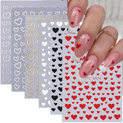 Coeur Saint Valentin Stickers Ongles Nail Art, 6 Feuilles Stickers Ongles Autocollants Forme de Cœur, Saint-Valentin Autocollants Ongles Autoadhésif Deco Ongle Nail Art Design Manucure