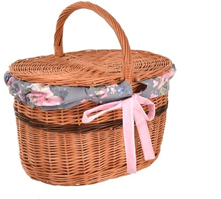 Aqbau Picknickkorb mit Deckel 40 cm, Weidenkorb mit Henkel Grau | Naturweide, zweiteiliger Deckel, graue Stoffeinlage, ca. 40 x 28 x 25 cm, Höhe mit Henkel 40 cm