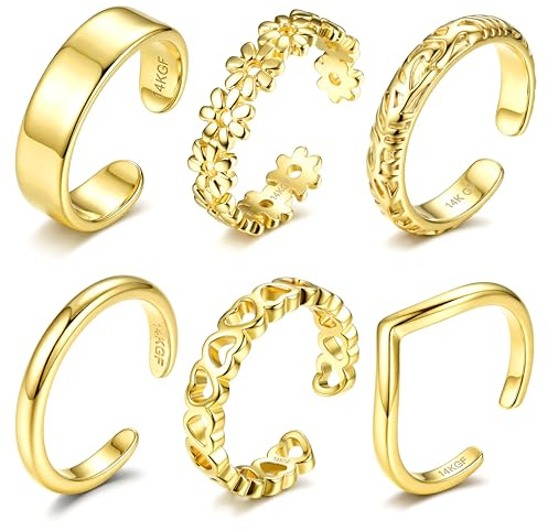 ADRAMARA Zehenring für Damen 14K Vergoldete Verstellbare Zehenringe Set | 6 Stück Zehenring Offene CZ Ringe Nicht Anlaufend,Wasserfest, Sommer Strand Fußschmuck,Silber/Gold