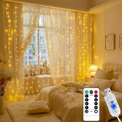 Afaiup Lichtervorhang Innen 2x2m, Lichterkette Vorhang mit Timer warmweiß | USB 8 Modi dimmbar mit Fernbedienung Fenster Lichterkette Hängend für Wand, Schlafzimmer Deko, Weihnachten, Ramadan, Hochzeit