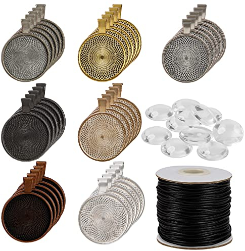 Kurtzy Anhänger mit Cabochons Schmuck Selber Machen Set (71 Stück) - 35 Glas-Cabochons und 35 Runde Leere Lünettenschalen in 7 Farben mit Halskettenschnur - DIY Bastelset Erwachsene für Schmuck