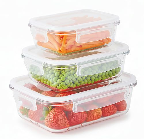Umi. Glass Food Storage Containers with Lids Meal Prep Set 3pcs - BPA Free Square Airtight Preserve Boxes with Lids (410ml+640ml+1040ml),Microwave Dishwasher Safe,Stackable Eco-Friendly Reusable