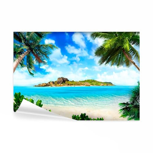 decomonkey Papier Peint Panoramique Plage Mer 350x256 cm Décoration murale | Tapisserie décorative pour chambre salon, Été mer nature bleu palmiers paysage plage eau, moderne