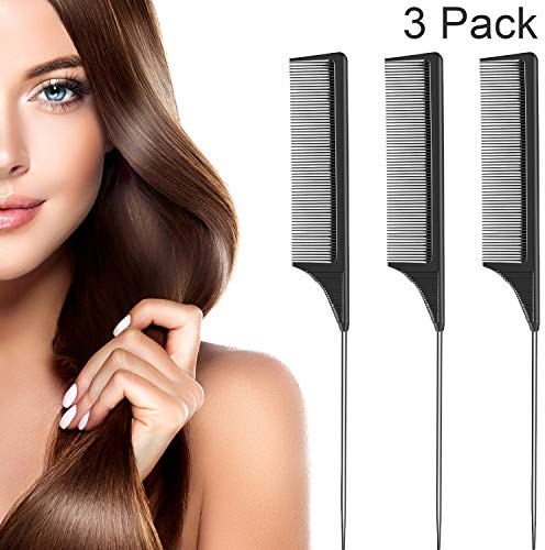 3 Packs Rat Tail Comb Steel Pin Rat Tail Carbon Fiber Heat Resistant Teasing Combs with Stainless Steel Pintail (Black)