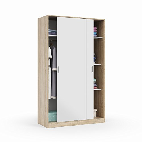 Armadio Calafell Guardaroba Armadietto Robusto Resistente Multiuso con 4 Ripiani 2 Ante Scorrevoli E 1 Appendiabiti Arredo Camera Letto Arredamento 200 x 120 x 50 Cm Colore Bianco E Quercia Canadese