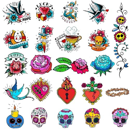CARGEN Klassische Temporäre Tattoos Old School Tattoos Gefälschte Tattoos Realistische Wasserdichte Schädel Schwert Vogel Rose Skript Tattoos Für Erwachsene Frauen Männer Und Kinder