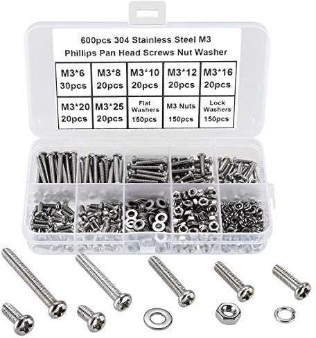 FandWay 600Pcs M3 Bolts and Nuts Set,Pan Head Machine Screws DIN 7985,Cross Round Head Screws,304 Stainless Steel Bolts and Washers Set Phillips Drive Fully Threaded With Storage Box.