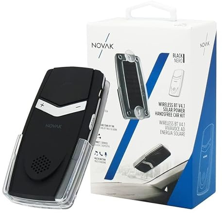 NOVAK Kit Vivavoce per Auto Bluetooth 4.1, ideale per Chiamate Viva Voce, GPS e Musica. Ricarica ad Energia Solare. Stand-by 50 Giorni autonomia 13 ore continue.