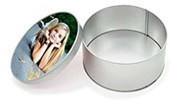 GIFART Scatola Box Porta Oggetti in Latta Alluminio Personalizzabile con Foto, Frase, Logo Forma Rettangolo, Cuore, Tondo, Valigetta (Tondo 11,5x5,5)