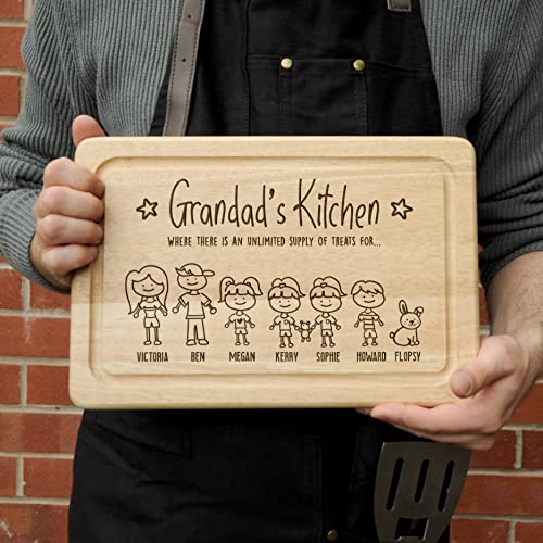 eBuyGB Personalised Family Portrait Chopping Board, Grandad's Kitchen, Where There is an Unlimited Supply of Treats, Cooking Gifts, Birthday, Father's Day Gift for Grandpa