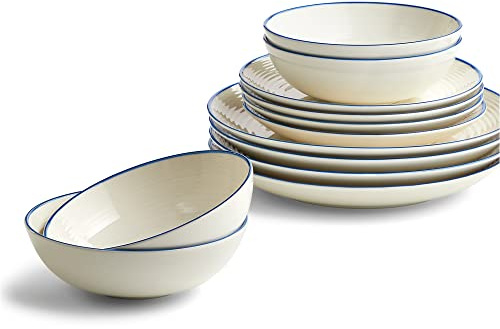Royal Doulton Dinner Set - Gordon Ramsay Maze Denim Line- Stoneware Tableware Set of 12 - Dinner Plates, Side Plates and Cereal Bowls