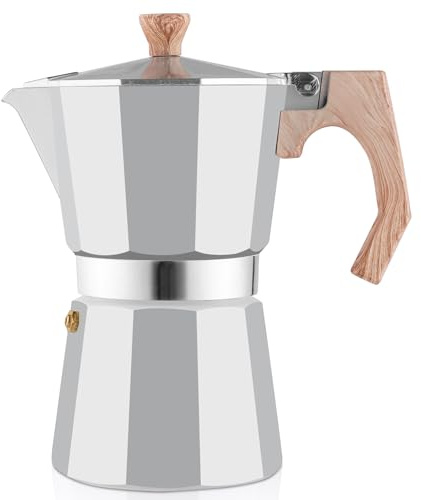 wedrink Cuisinière machine à expresso 9 tasses, machine à expresso italienne, moka pot 450 ml anti-brûlure main manche en bois, aluminium, argent (6 tasses, argent)