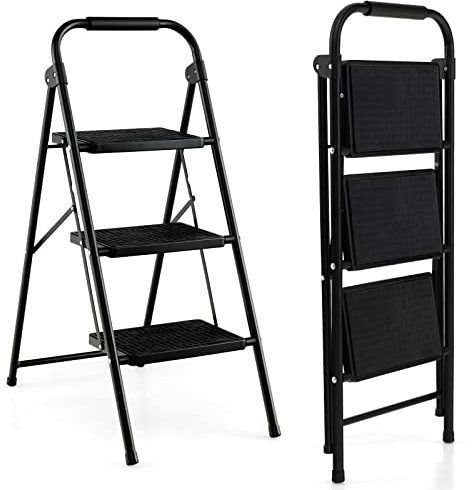 COSTWAY Marchepied à 3 Marches Pliable Cadre en Fer, Pédale Antidérapante Charge Max 150 kg, Escabeau Pliable Poignée Facile à Porter, Noir, 64 x 39 x 90 cm