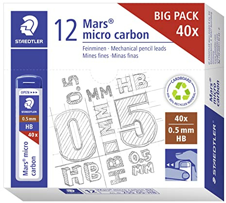 STAEDTLER Feinminen Mars micro carbon, Linienbreite 0,5 mm, Härtegrad HB, hohe Bruchfestigkeit durch elastische Mine, für viele Druckbleistifte, 10 Minendosen mit je 40 Minen, 255 05-HB