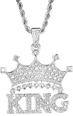 VVCome King Letters Initial Crown Necklace Hip Hop Iced Out King Crystal Crown Pendant Stainless Steel 24inch Rope Chain (Silver)