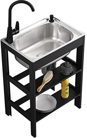 Lavello in Acciaio Inox, Lavello Commerciale da Ristorante Indipendente con Rubinetto e Doppio Ripiano, Lavabo per Cucina, Lavanderia, Giardino