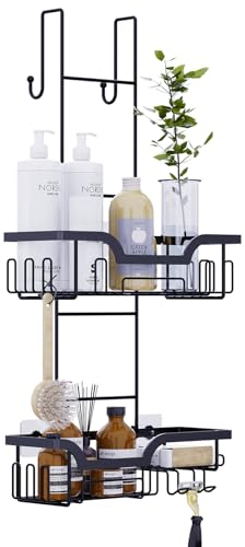 Honsdom Porta Shampoo Doccia da Appendere - Mensola Portaoggetti Doccia Antiruggine 2 Cestini, Organizer con Ganci per Rasoi, per Porta in Vetro Bagno