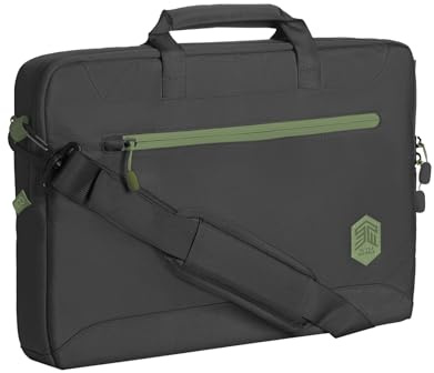 STM ECO Brief Laptop-Tasche 16 Zoll kompatibel mit Apple MacBook Pro 16 | Schwarze Notebook-Tasche aus 100% recyceltem Polyester - mit abnehmbarem Schultergurt, Zubehörfach & weichem Innenfutter