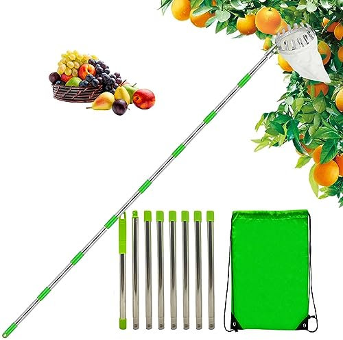 DMAIS Fruit Gatherer, Stainless Steel Fruit Collector, Fruit Picker with Telescopic Handle, Adjustable Fruit Picker Head Basket with Cotton Bag, Garden Fruit Gatherer for Garden, Orchard