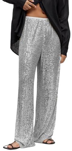 Sunnyuk Goldene Pailletten Hose Damen, Glänzende Streetwear Leggings Party Silber Glitzerhose Glitzer Hose Weites Bein Große Größen Freizeithose Festliche Hosen Gold Bequem Arbeitslatzhose