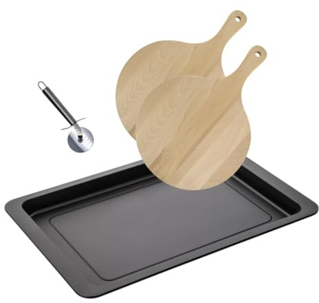 Fackelmann 9938350 Set per pizza 1 teglia da forno 2 tavole da pizza e 1 rotella per pizza, tagliere per pizza, piano cottura, rotella per pizza, acciaio inossidabile, legno, 42 x 29 x 2,5 cm