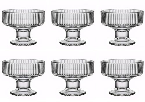 binsakao Glass Ice Cream Bowl Set of 6, Small Clear Mini Footed Dessert Cups for Fruit Pudding Trifle Parfait Sundae Nuts Cocktail Drinks Party (6.3 oz, Ribbed)