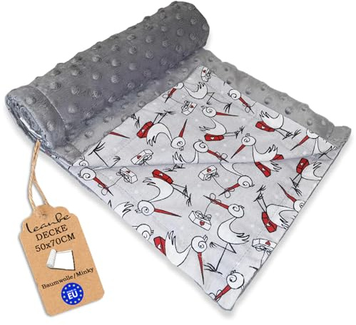 Leanbe Babydecke 50x70 cm – Kuscheldecke für Kinderwagen & Bett, doppelseitig, weich & flauschig, Baumwolle, Decke für Babys & Kleinkinder (Grau Minky-Störche)