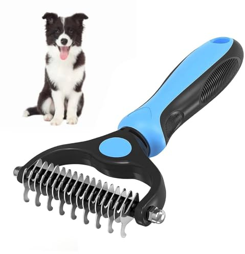 Deshedding Tool - Dematting Comb for Dog and Cat - Double Sided Dematting Comb - Undercoat Rake Deshedding Tool, Cat Matted Fur Remover For Long Haired Cat Dog Horse Tangles Removing (Blue)