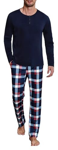Uniexcosm Pigiama Cotone Uomo Invernale - Set Manica Lunga Top + Pantaloni Scozzesi Con Tasca e Coulisse Regolabile S-XXL