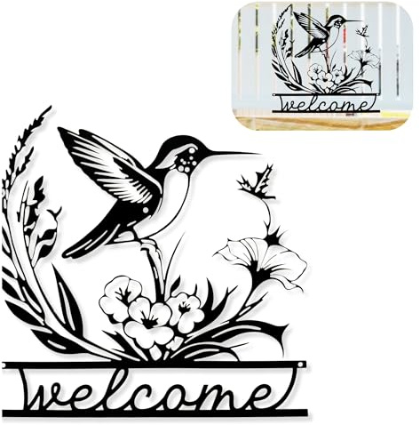 Lusinus Metal Welcome Sign for Front Door – 12” Bird & Flower Wall Decor, Rustic Hanging Outdoor Sign for Porch, Patio, Garden, Fence, Housewarming Gift, Black