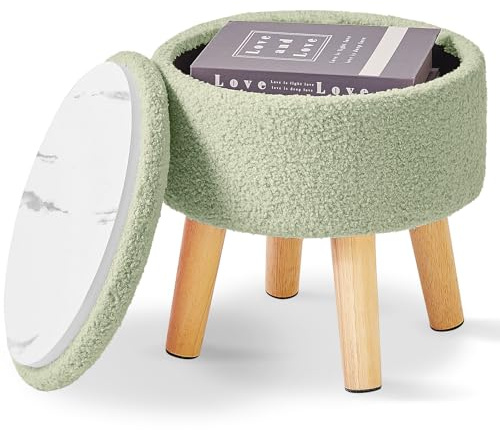 IBUYKE 13 Inch Foot Stool Ottoman with Storage, Round Small Foot Rest with Padded Seat and Wood Legs, Teddy Velvet Mini Footstool for Living Room Couch Bedroom Entryway, Green WBD006GR
