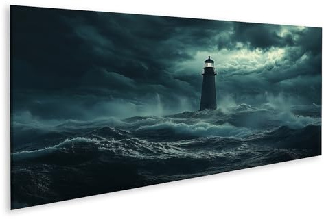 islandburner Bild auf Leinwand Leuchtturm trotzt stürmischer See in der Nacht Bilder Wandbilder Poster