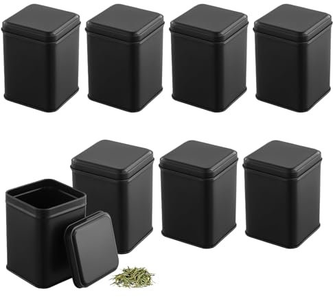 CHUIFAI 8 Stück Metall Teedose Schwarz Eckig, Klassische Teedosen Eckige Vorratsdosen mit Deckel, Gewürzdosen Eckig Metall, Tee Aufbewahrungsbox Teekanister für Tee, Kaffee, Zucker, 7 x 7 x 10 cm