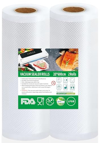 Votoko Rotoli sottovuoto per alimenti, 2 rotoli 28 x 600 cm (totale 12 m) Sacchetti per Sottovuoto, Senza BPA, 190 µm, Sacchi commerciali per Conservazione Alimenti e Cottura Sous Vide