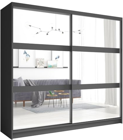 Lomadox Schwebetürenschrank Kleiderschrank in Graphit, 2 Kleiderstangen, 2 Schwebetüren mit Spiegel, 230cm breit